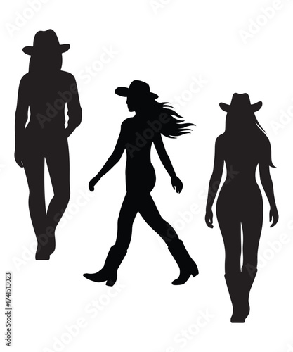 Cowgirl Silhouette Trio Walking in Cowboy Hats and Boots Vector Art.