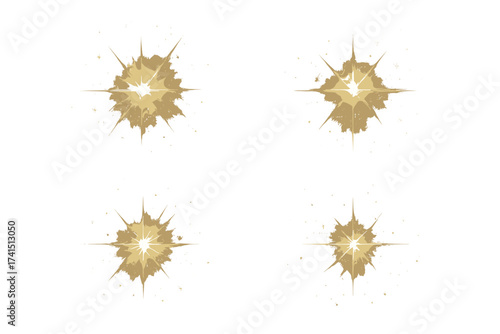 Set of four transparent gold glitter star burst light effects with glowing sparkles, shimmering glow vector illustrations with sparkling gold particles, radiant shine backgrounds