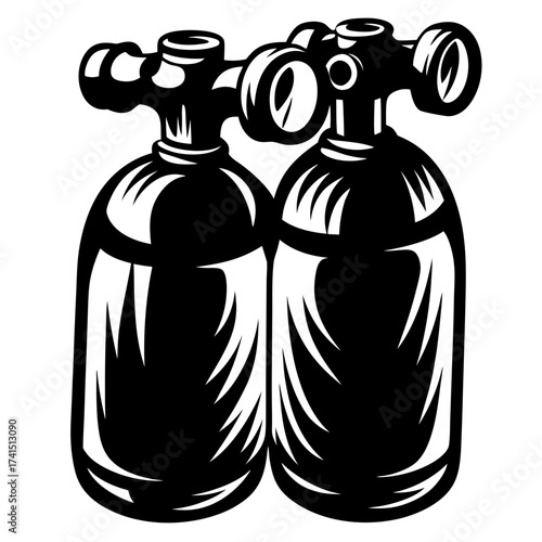 Monochrome illustration of two scuba diving tanks used for underwater activities