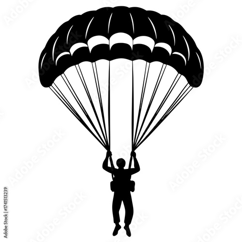 Silhouette of a parachutist descending under a parachute, isolated on white background