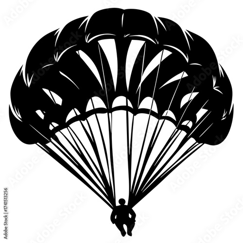 Three detailed line drawings of parachutes in black and white demonstrating descent and air resistance