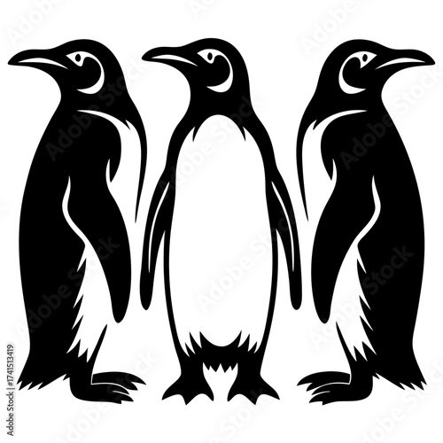 Three penguins in a stark black and white stylized composition illustration
