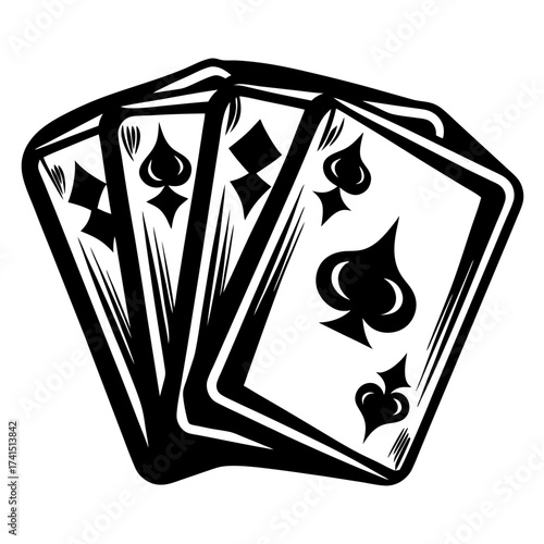 Bold black and white illustration of a poker hand of cards