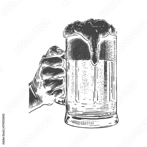 Hand holding an overflowing beer mug illustration