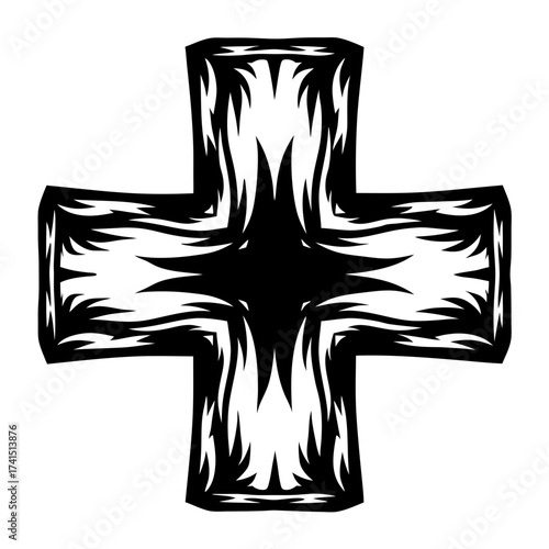 Stylized Cross with Intricate Details and a Dark Aesthetic in Black and White