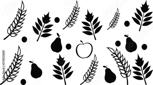 Simple Monochrome Vector Illustration of Various Fruits and Foliage Patterns Featuring Pears, Apples, Wheat, Leaves, and Dots for Decorative and Ornamental Design Elements