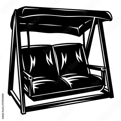 Black and white illustration of a comfortable porch swing with a canopy