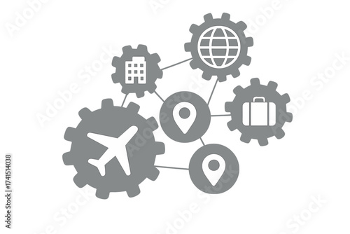 Travel mechanism concept with interconnected gears and flat icons. Abstract background featuring airplane, location pins, suitcase, building, and globe symbols. Vector interactive illustration.