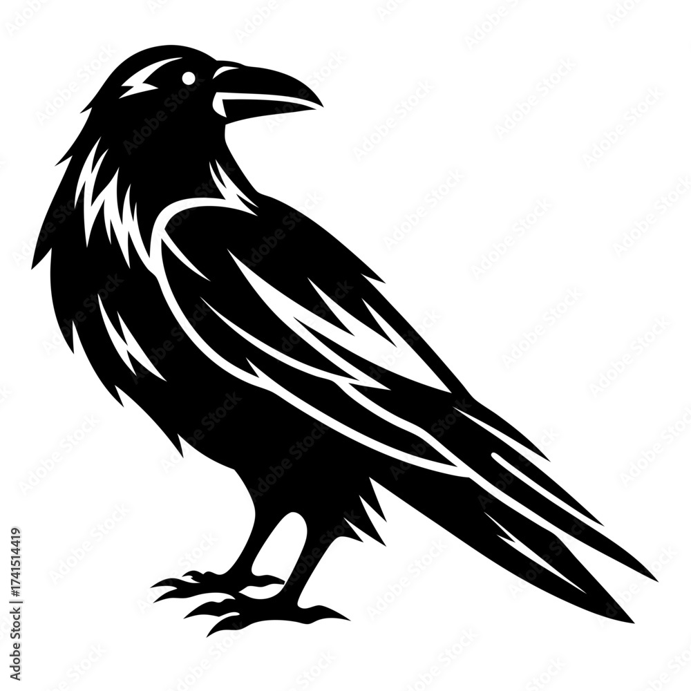 Fototapeta premium Stylish black raven silhouette design with crisp white outline illustration art