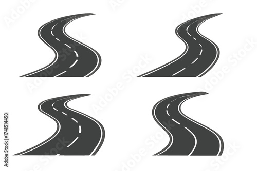 Set of four winding curved roads or highways with dashed lane markings isolated on transparent background, vector illustration of transportation routes and directions for design