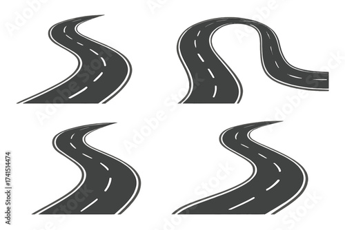 Winding curved road and highway vector set with white dashed markings, transportation and direction symbols, isolated transparent background, winding street illustration for travel and navigation