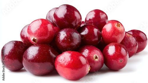 Fresh juicy cranberries piled together on white background