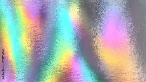 Iridescent holographic rainbow foil background with pastel pearlescent gradient and speckled metal texture vector