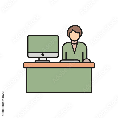 Person Sitting at Desk with Computer Icon on White Background woman office