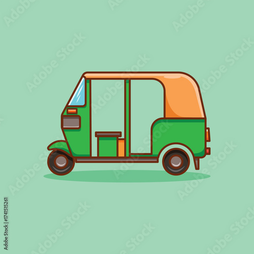 Simple Tuk tuk or Bajaj Vector Icon Illustration. Transportation Icon Concept Isolated. Flat Cartoon Style Suitable for  Cover, Page, Banner, Flyer, Sticker, Card, Education