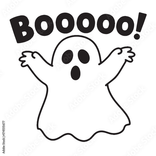 Cute cartoon ghost saying boo with open arms and mouth