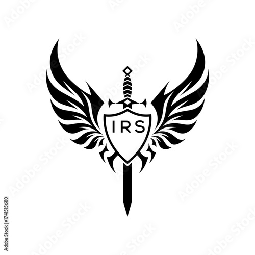 Winged Sword and Shield Logo with IRS Letters, IRS Later Logo, Heraldic Emblem, Black and White Vector Design

