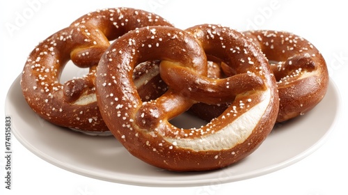 Three soft pretzels on a white plate showcasing traditional snack appeal