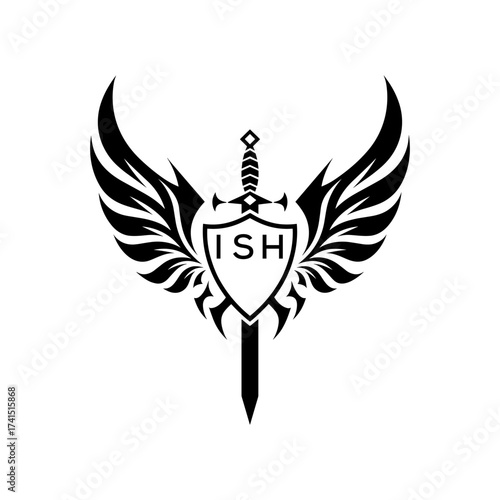 Winged Sword and Shield Logo with ISH Letters, ISH Later Logo, Heraldic Emblem, Black and White Vector Design
