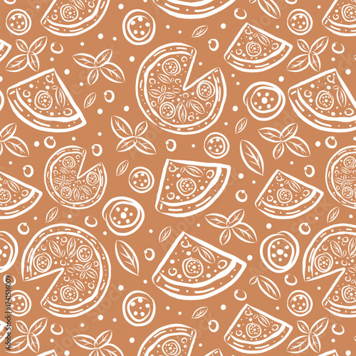 Hand-drawn pizza seamless pattern in white and brown. Great for restaurant logos, culinary projects, wrapping paper, food festival posters, and cooking blogs.