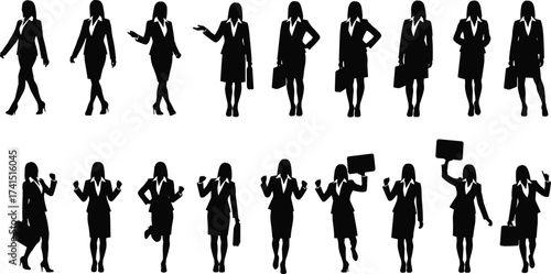 Businesswoman silhouette, professional female poses, office gestures, career woman, leadership stance, workplace diversity, confident posture, corporate attire, empowerment, action