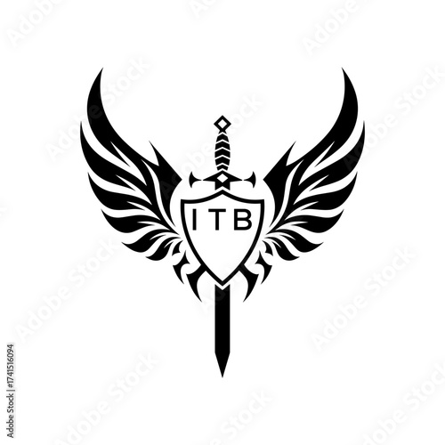 Winged Sword and Shield Logo with ITB Letters, ITB Later Logo, Heraldic Emblem, Black and White Vector Design
