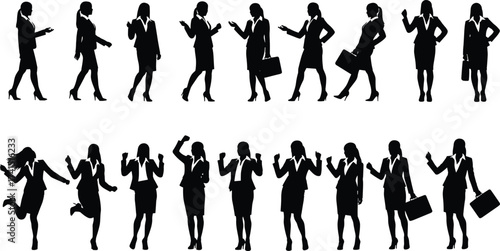 Businesswoman silhouette, confident female poses, career success, office gestures, leadership stance, professional woman, corporate action, dynamic movement, workplace expression, empowerment