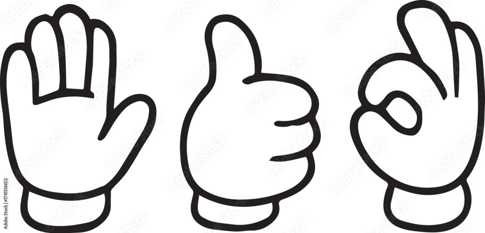 Fototapeta premium Hand gesture icon set in black outline with open palm, thumbs-up, and OK sign for communication and expression themes