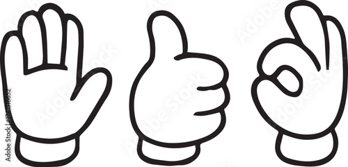 Hand gesture icon set in black outline with open palm, thumbs-up, and OK sign for communication and expression themes