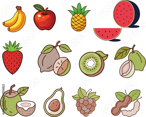 Colorful Fruit Illustration Set – Tropical and Temperate Fruits in Grid Layout