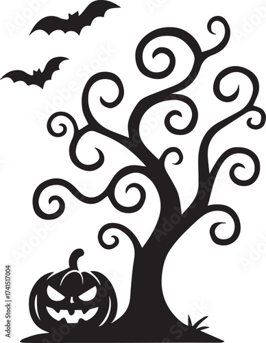 Halloween icon in black silhouette with spooky tree, jack-o'-lantern, and bats for seasonal, decorative, and eerie design themes