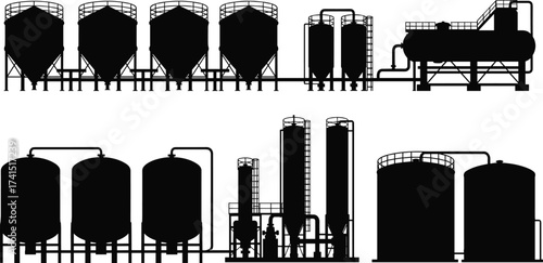 Industrial vessel silhouette, storage tank vector, factory equipment icon, chemical process design, editable infrastructure pack, engineering layout illustration