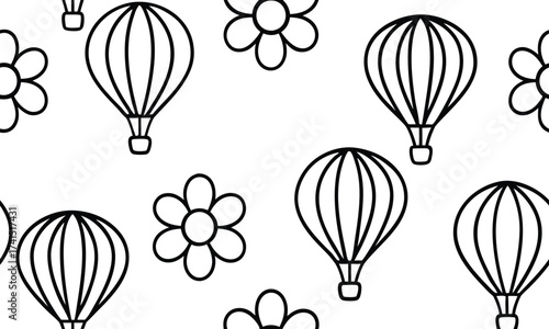 Whimsical monochrome seamless pattern showcasing delicate hot air balloons floating among charming flowers, perfect for versatile design applications and playful decorations
