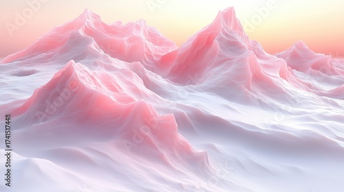 Soft Pink Mountains Above Dreamy White Snowy Landscape at Sunrise