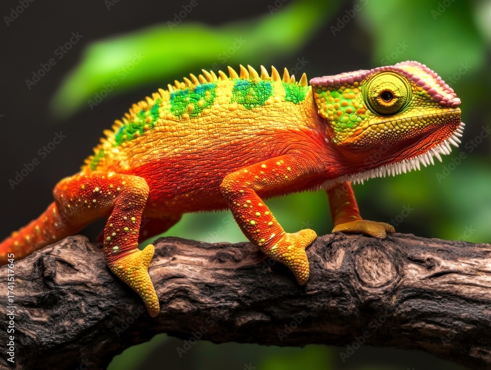 Fototapeta premium Colorful Chameleon on Branch with Green Background in a Nature Setting