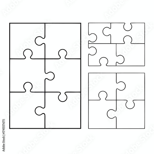 Vector illustration Black outline puzzle pieces arranged in three separate groups
