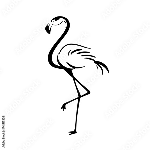 Flamingo. Flamingo simple black and white line art vector logo