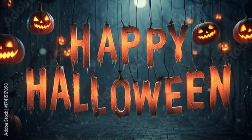 Spooky greeting card with glowing Happy Halloween text hanging on strings amidst floating Jack O'Lanterns in a dark, mysterious forest