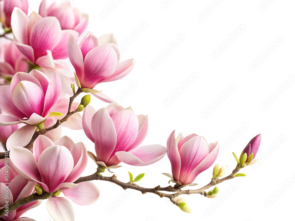 Obraz premium Delicate pink magnolia flowers blooming on a branch, isolated on transparent background