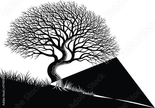 Tree silhouette vector, bare branches illustration, dramatic landscape art, autumn season design, black nature icon, editable artistic terrain scene