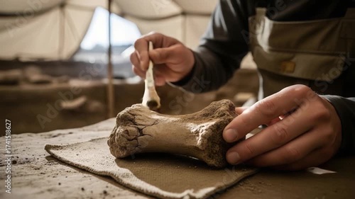 Archaeologist Carefully Brushing Dirt Off Ancient Bone at Dig Site.