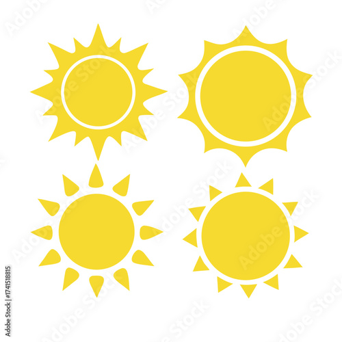 Vector illustration Four yellow sun icons with white outlines and rays graphic symbol