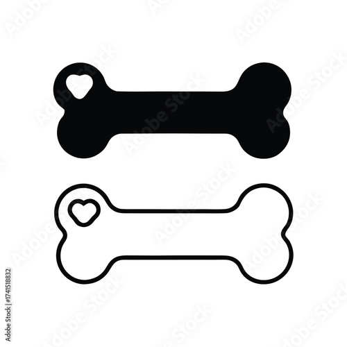Vector illustration Black and white dog bone icons with heart detail