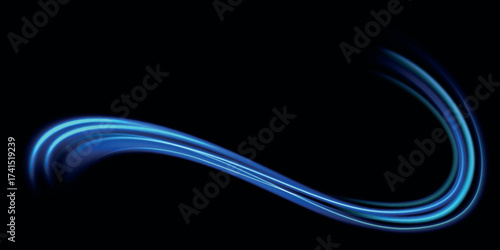 Blue light trail, wave speed, trace line twirl. Abstract light lines of movement and speed with white color glitters
