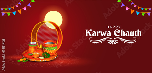 decorated pooja thali for greetings on Indian Hindu festival Happy Karwa Chauth