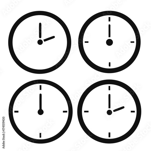 Vector illustration Four black clock faces showing different times on white background