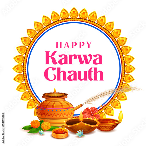 decorated pooja thali for greetings on Indian Hindu festival Happy Karwa Chauth