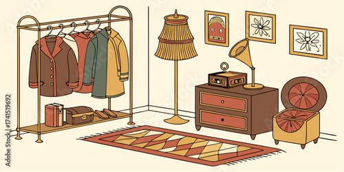 Vintage charm interior scene with elegant furniture, classic coats, and retro decor elements