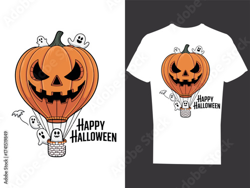 Pumpkin-Shaped Hot Air Balloon with Ghost Passengers Fantasy Halloween T-Shirt