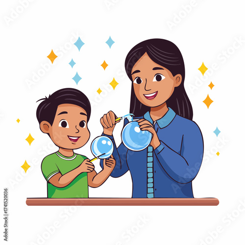 Mother and son blowing bubbles together